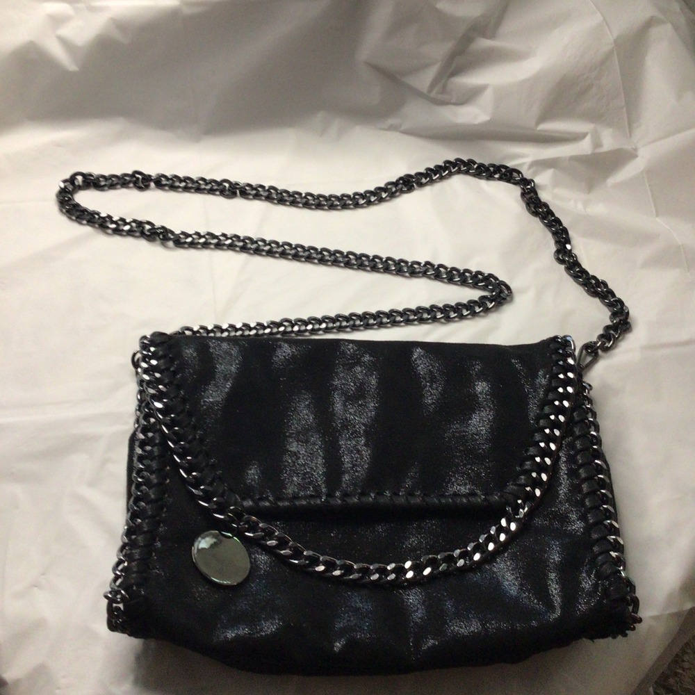 Mersi Alicia - Black Shimmering Vegan Leather Crossbody With Gunmetal Chain New